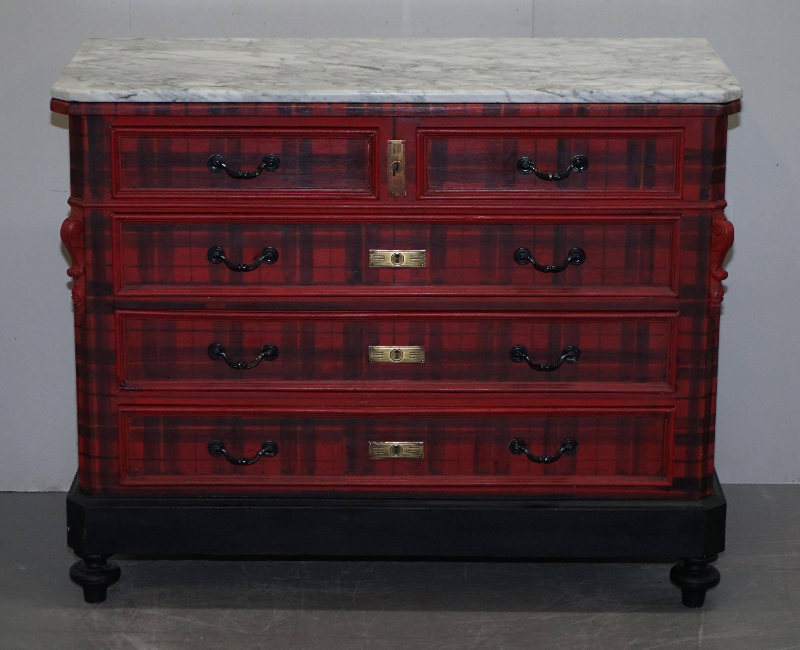 Victorian Commode with Tartan Upholstery and Marble Top