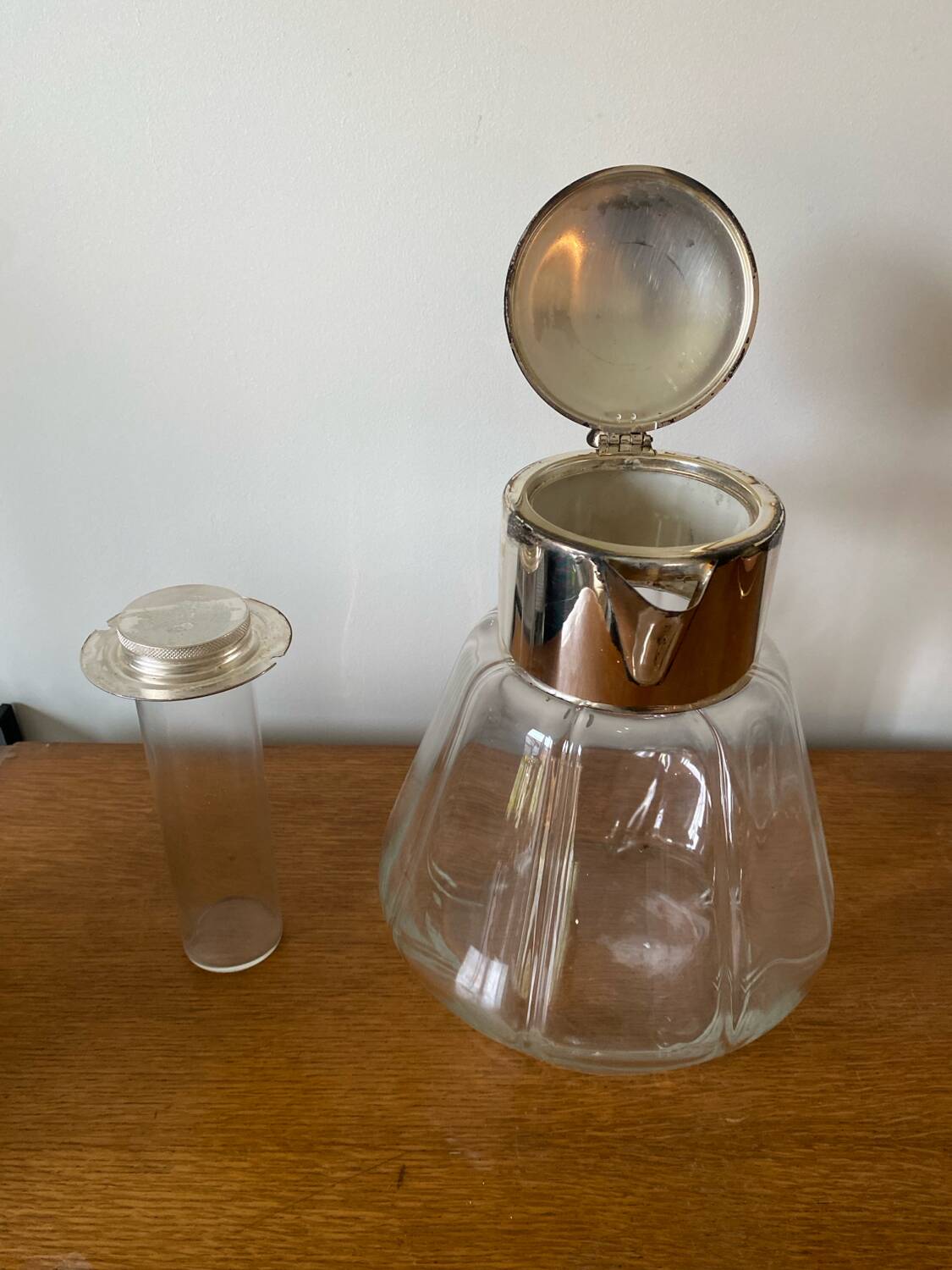 Old Refreshing Carafe + Ice Tube Moulded Glass + Silver Metal