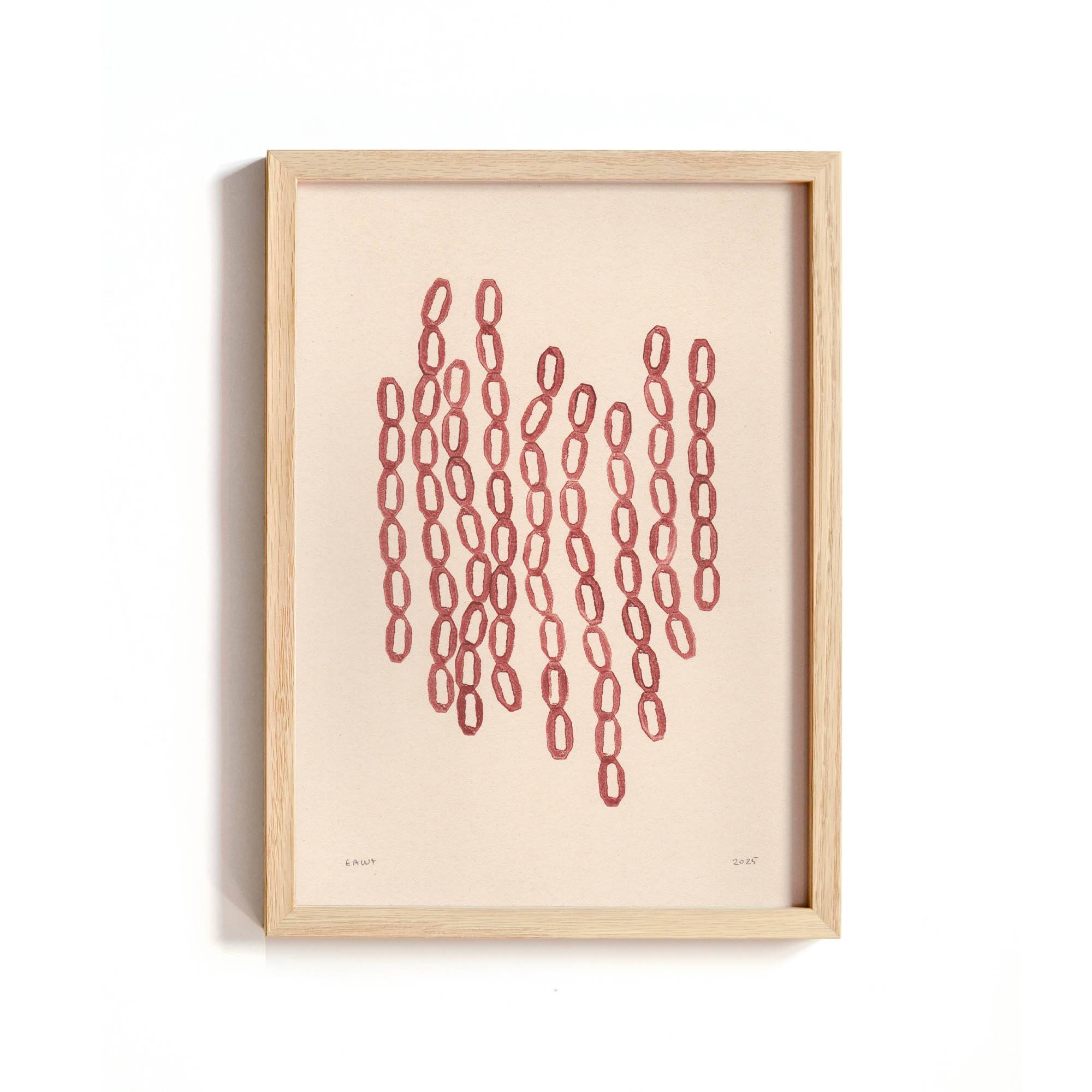 Abstract painting on framed paper signed Eawy dark red colour.