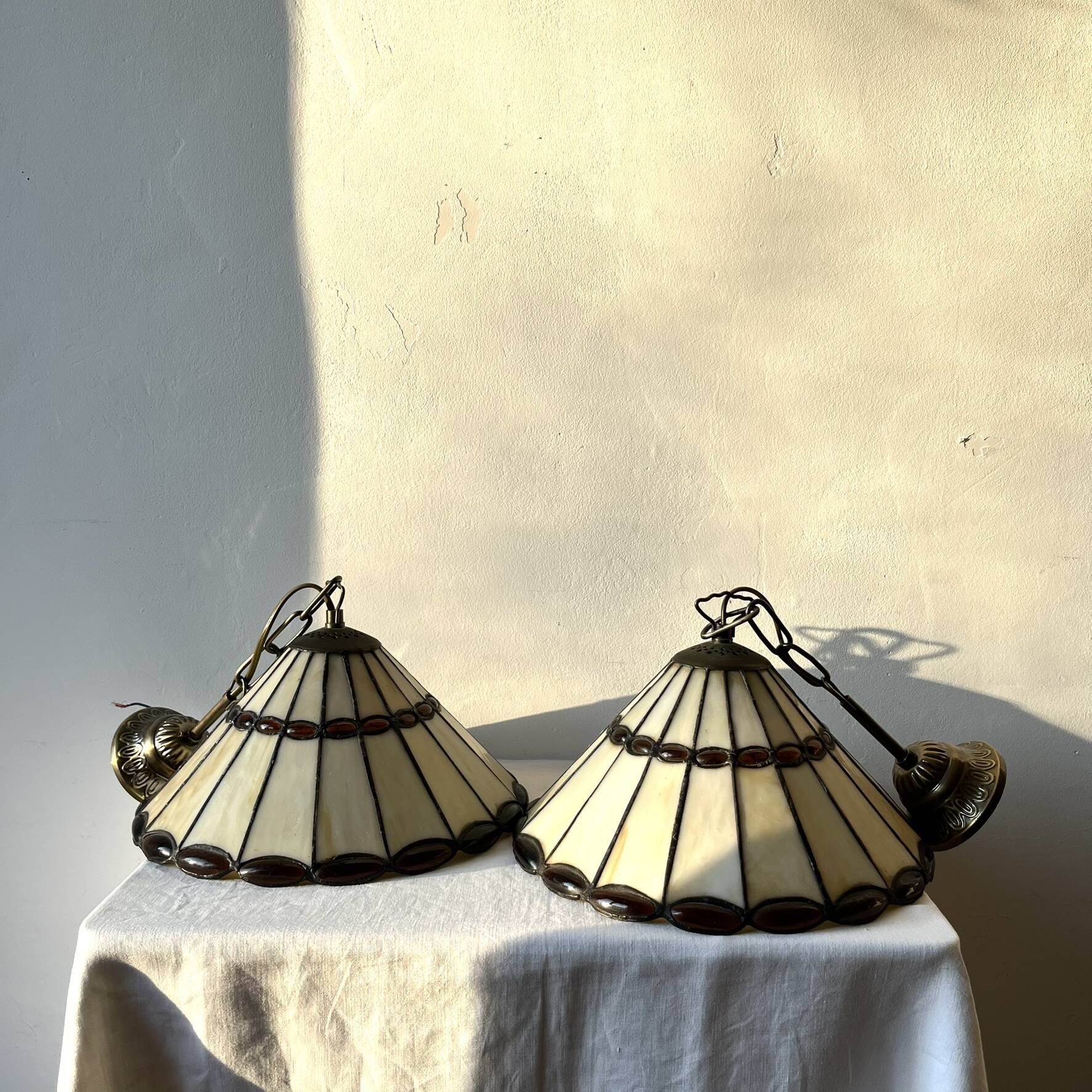 Pair of glass pendant lights in Art Nouveau Tiffany style