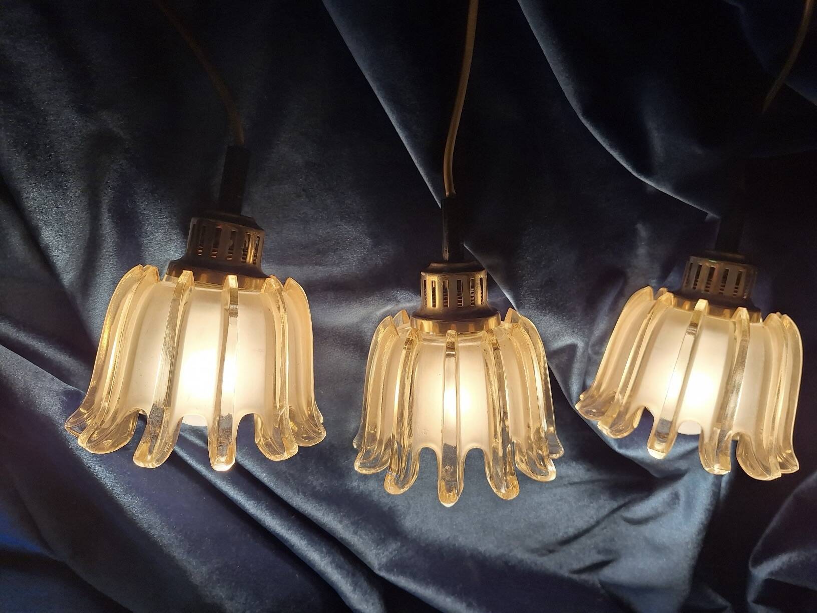 Set of 3 Doria pendant lights in amber-coloured frosted glass, 1960s