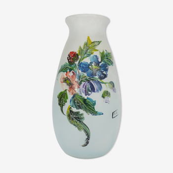 Vase Art Nouveau signé décor floral en pâte de verre. 40 cm. Année 20