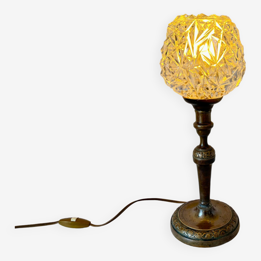 Lampe à poser vintage bronze chandelier bougeoir XIXe globe à facettes  diamant | Selency