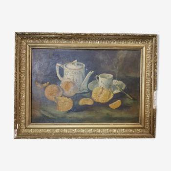 Still life with oranges and teapot