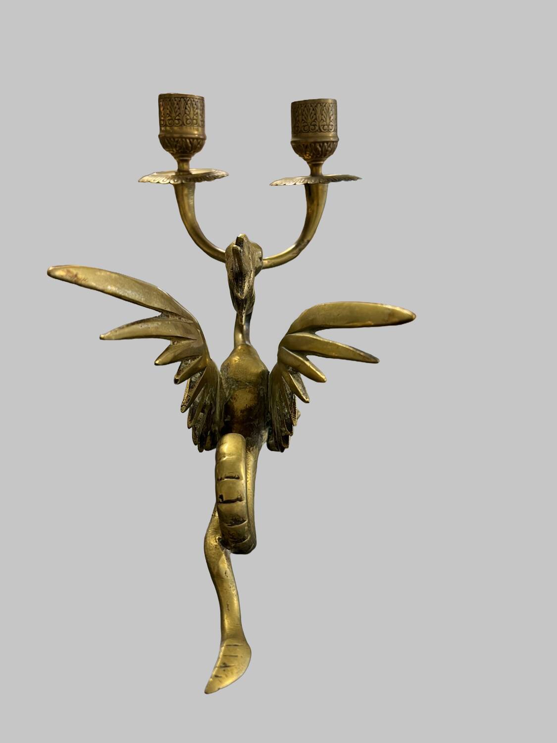 Vintage brass winged dragon double candlestick (Hollywood  Regency)