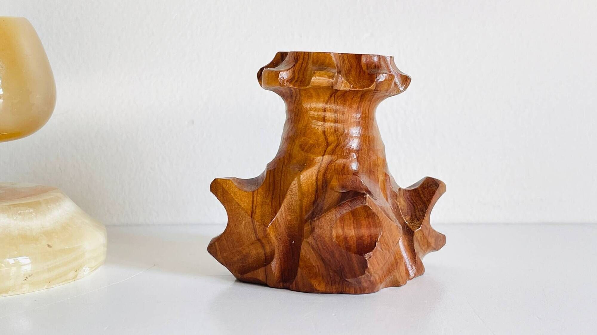 Trio of vintage wood and onyx candle holders