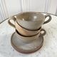 Set of 3 large tea cups and their saucers in artisanal sandstone 70s