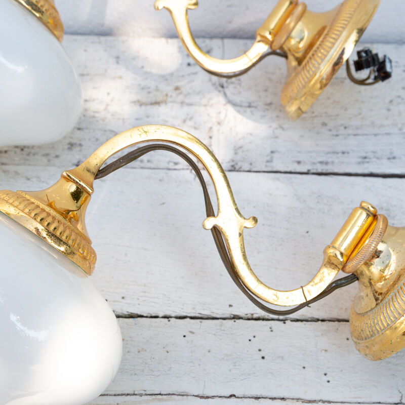 2 wall sconces golden metal gooseneck and opaline lampshade