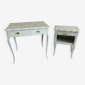 Lot de 2 tables (table/bureau et table de chevet) vert pastel