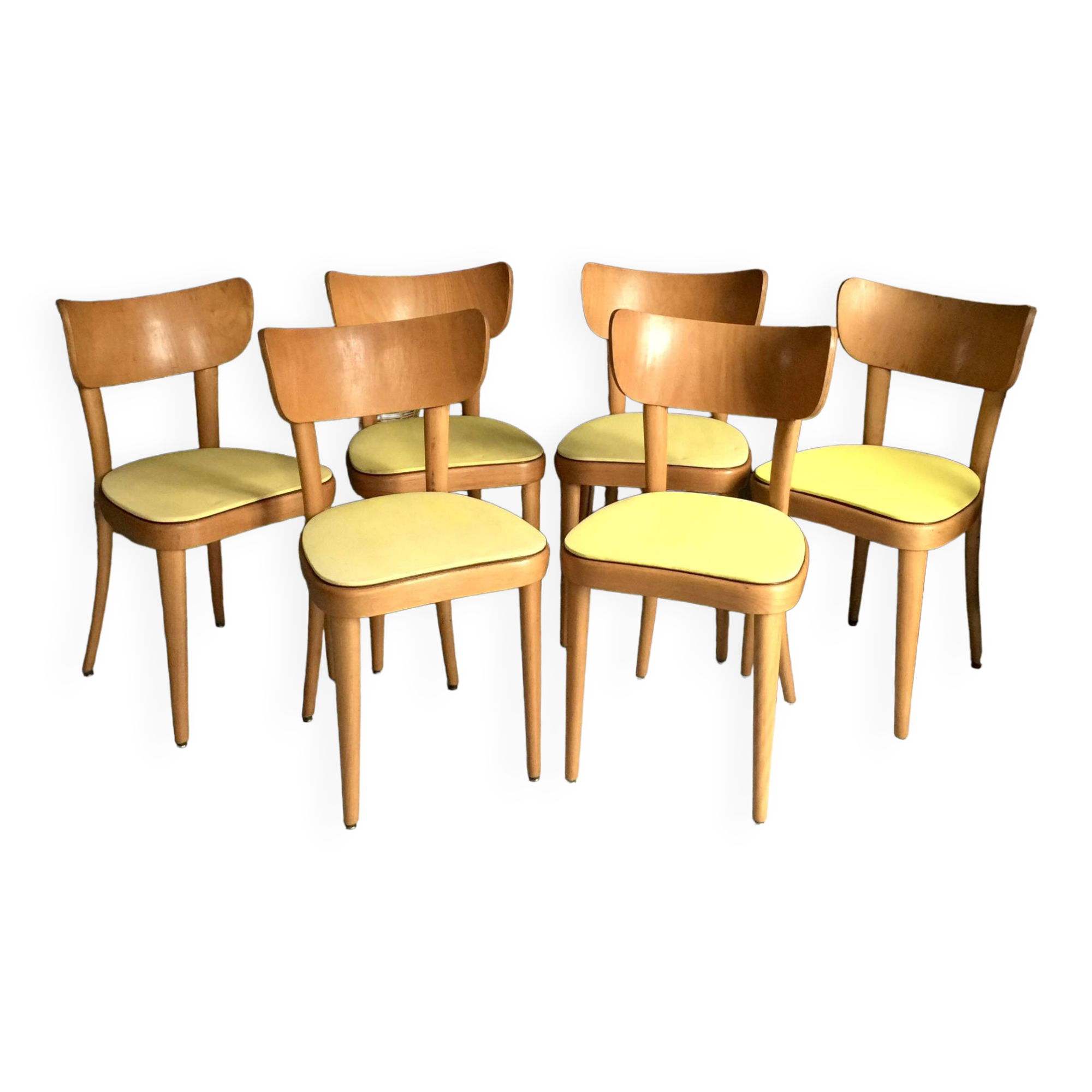 6 yellow and wood Thonet chairs