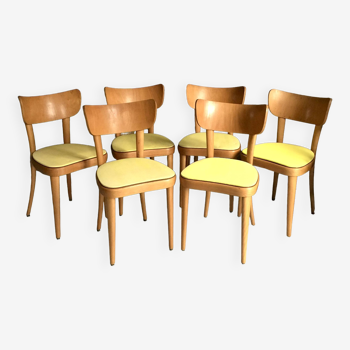 6 yellow and wood Thonet chairs