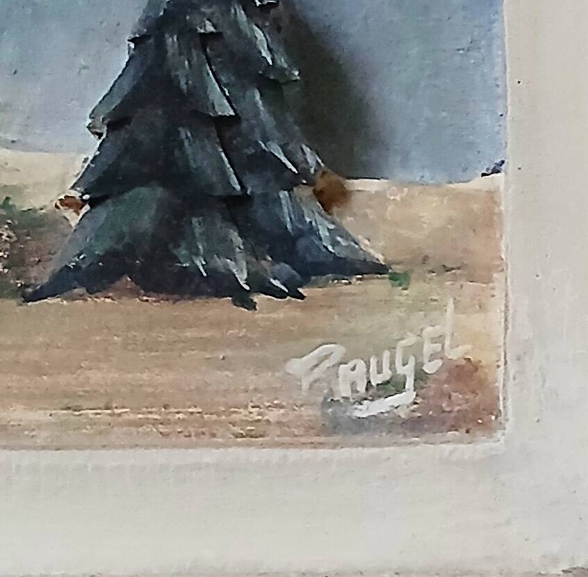 François Raugel, chalet in the mountains, painting on carved wood.