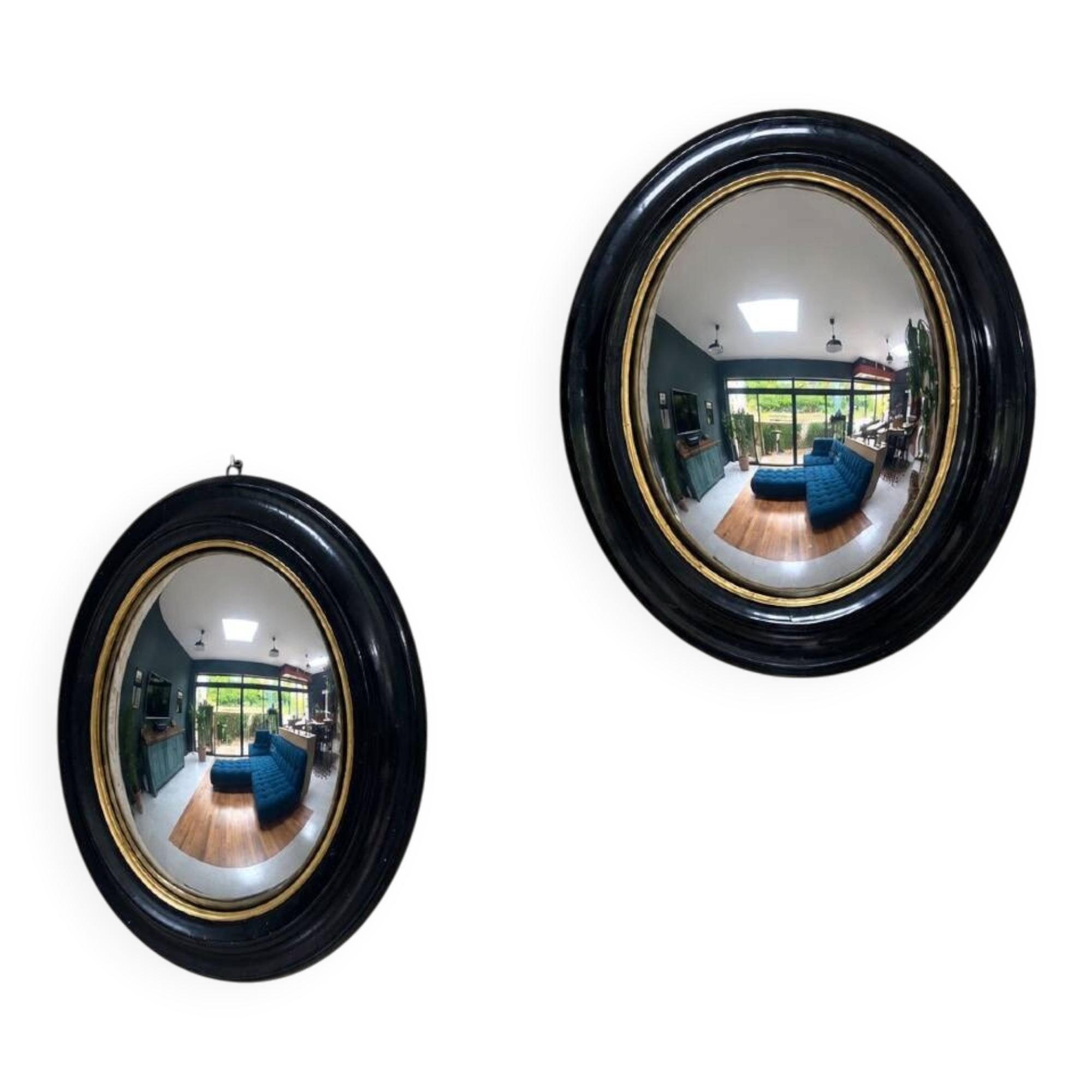 Pair of witch mirrors from the Napoleonic III era, 42.5/34.5cm, black and gold, curiosity, glass.