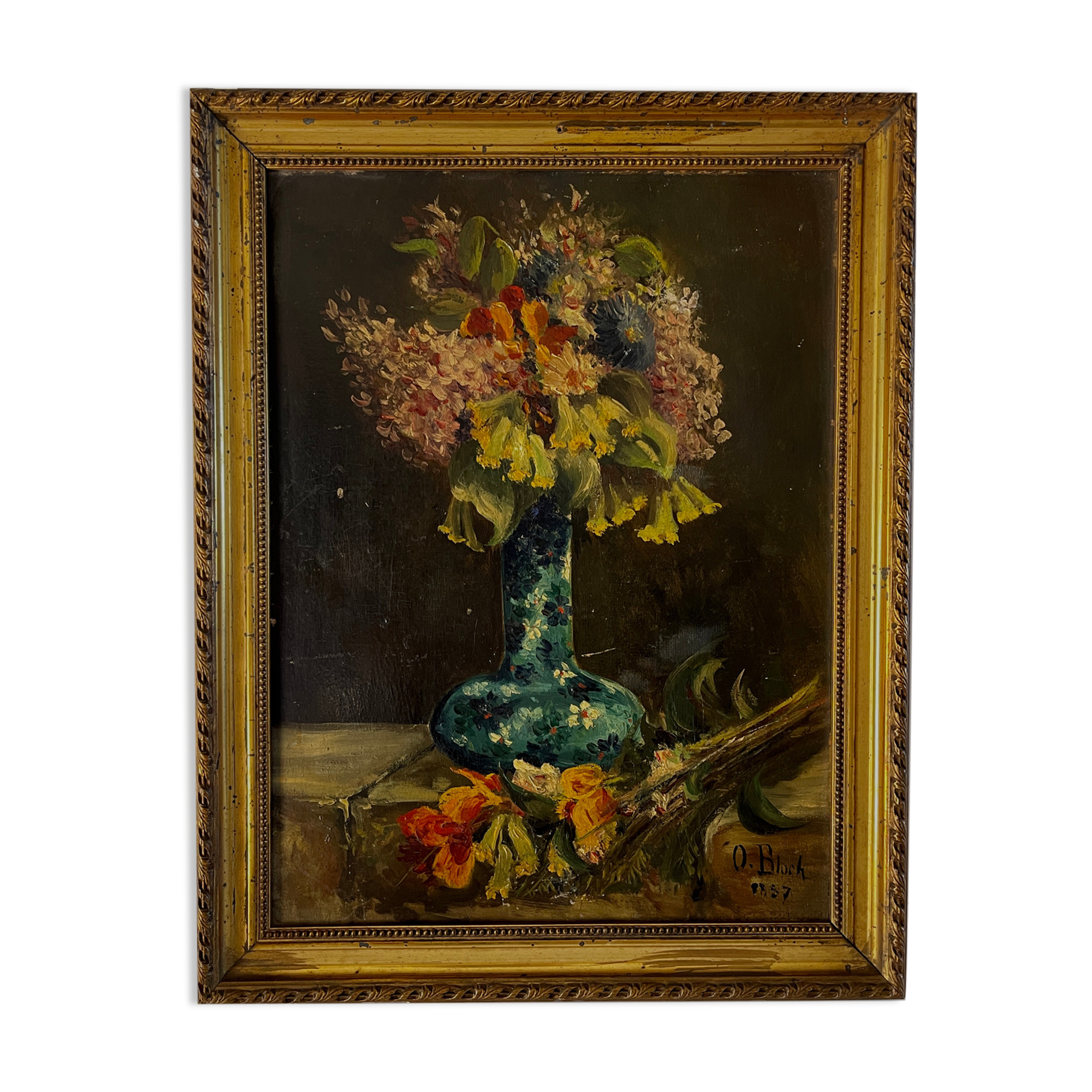 Still life with vase and bouquets of flowers