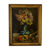 Still life with vase and bouquets of flowers
