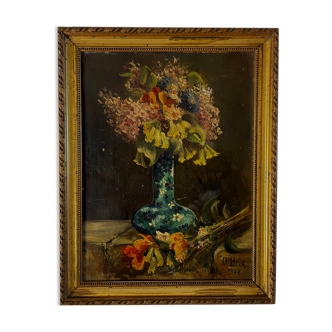 Still life with vase and bouquets of flowers