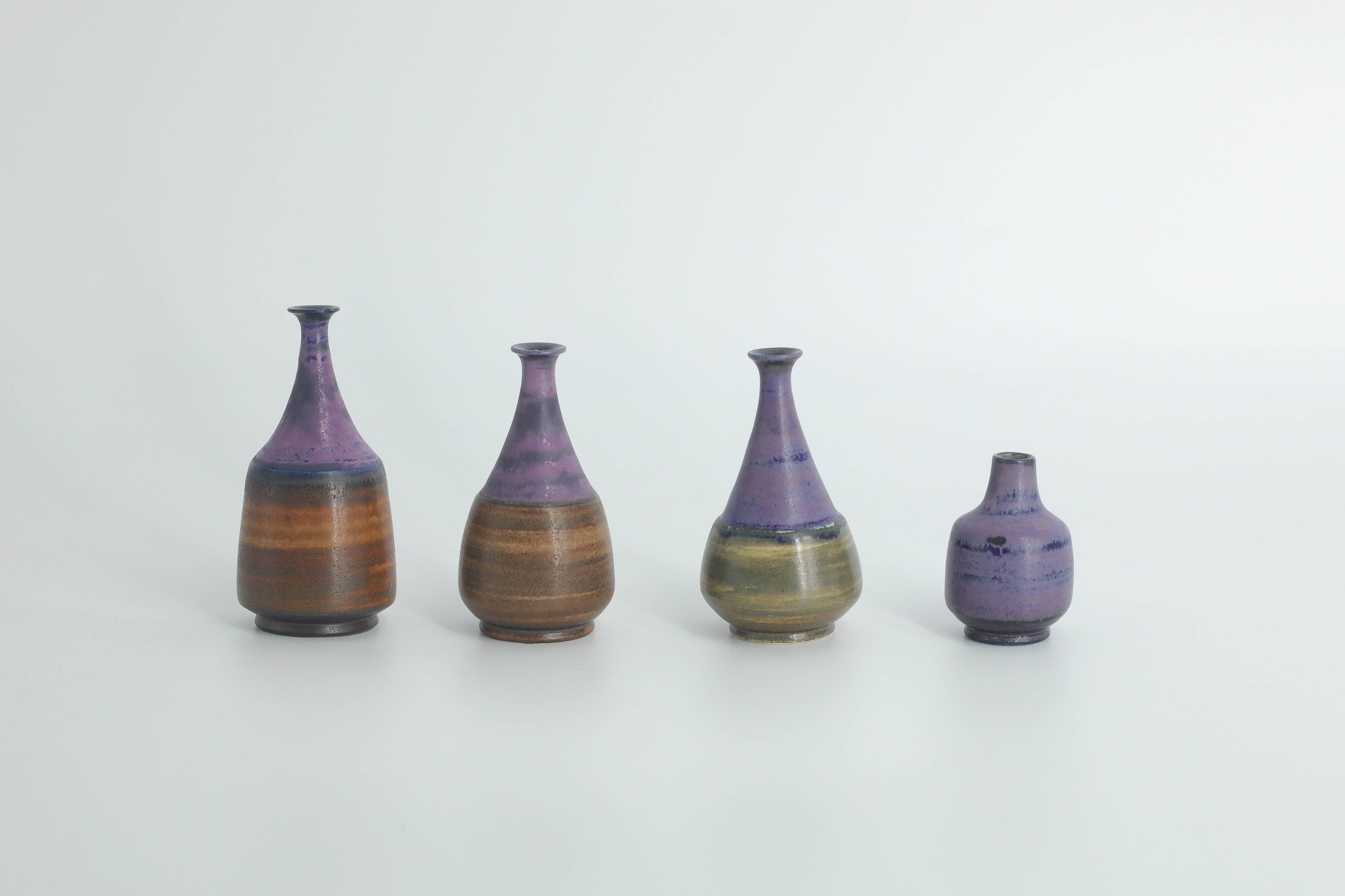 Small mid-century modern collection vases in brown and purple stoneware by Gunnar Borg, Sweden, set of 4.