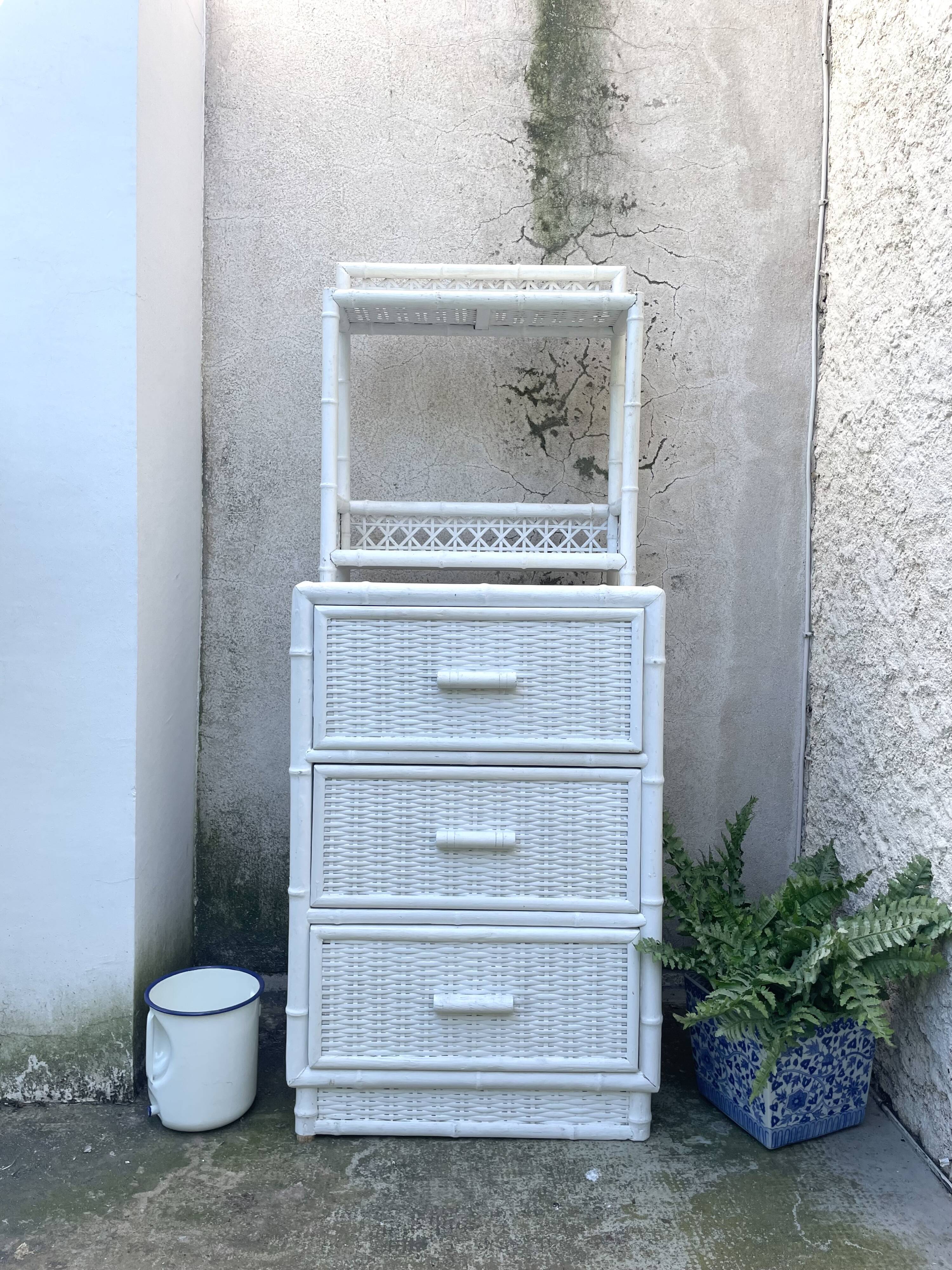 small white rattan cabinet 3 drawers