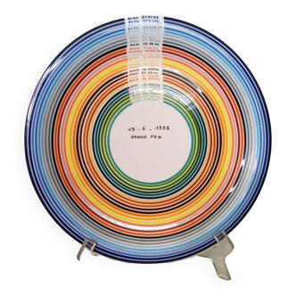 Pillivuyt porcelain plate, color stripes, Grand Feu, dated June 13, 1988