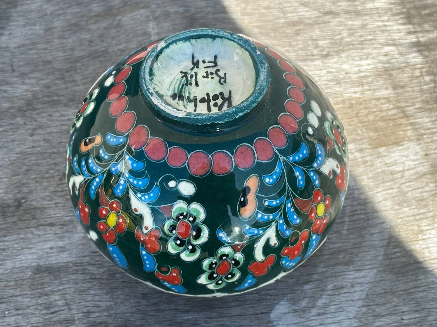 Petit Vase Vintage rond en céramique Turque H 11 cm
