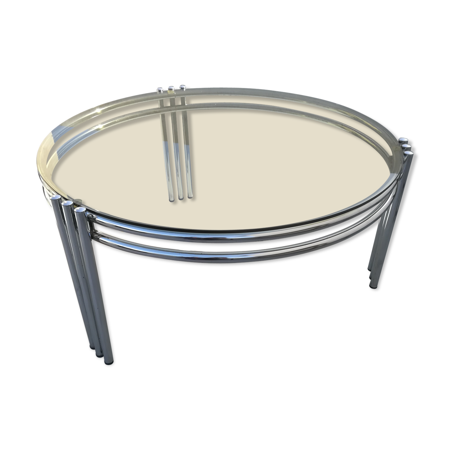 Coffee table in chrome steel and smokes glass 1970