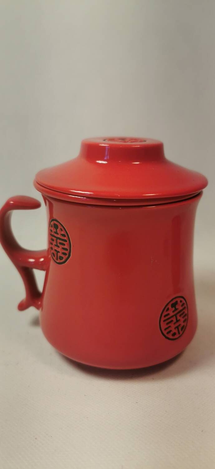 Teapot DUO red ceramic Asian black pattern with 2 cups