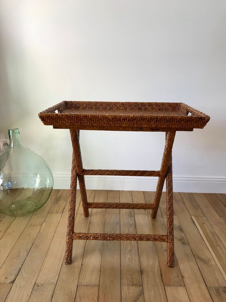 Rattan console exotic wood vintage removable tray 70s