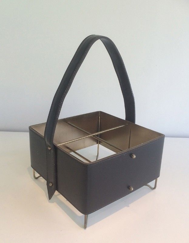 Leather, brass and gold metal bottle holder