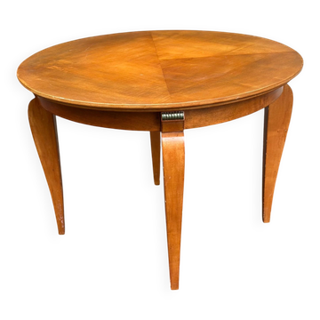 Vintage round coffee table Art Deco style — Light wood & saber legs 1940