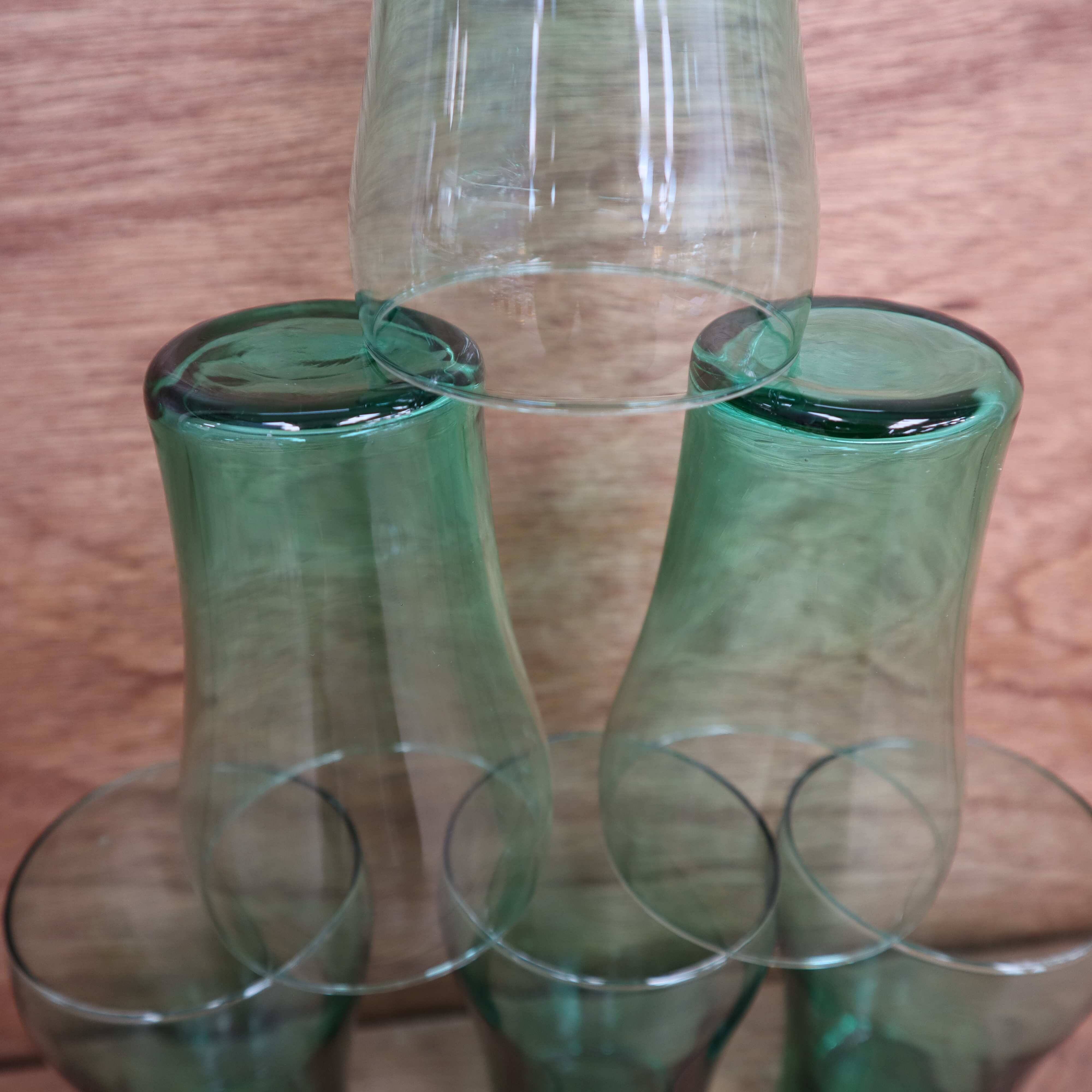 Set of 6 green glass glasses 1970