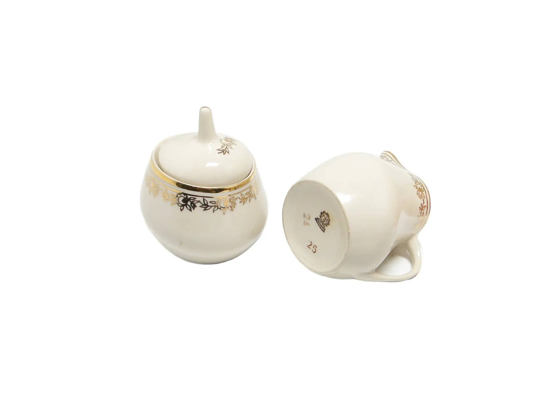 Ewa sugar bowl and creamer, mid-century modern, ivory white porcelain, Poland, 1970s.
