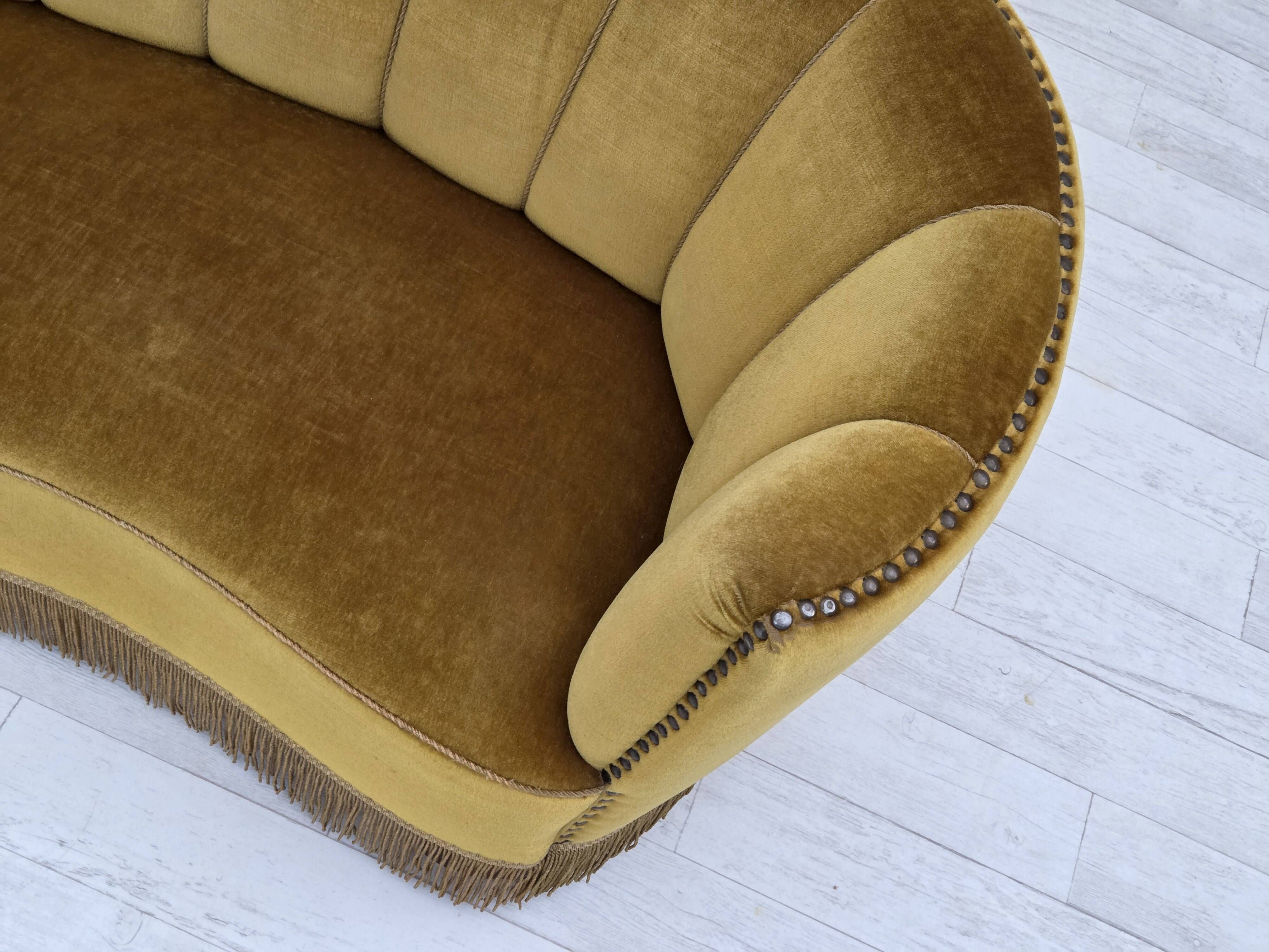 1960s, Danish 2-seater "Banan" sofa, green furniture velour, oak wood.