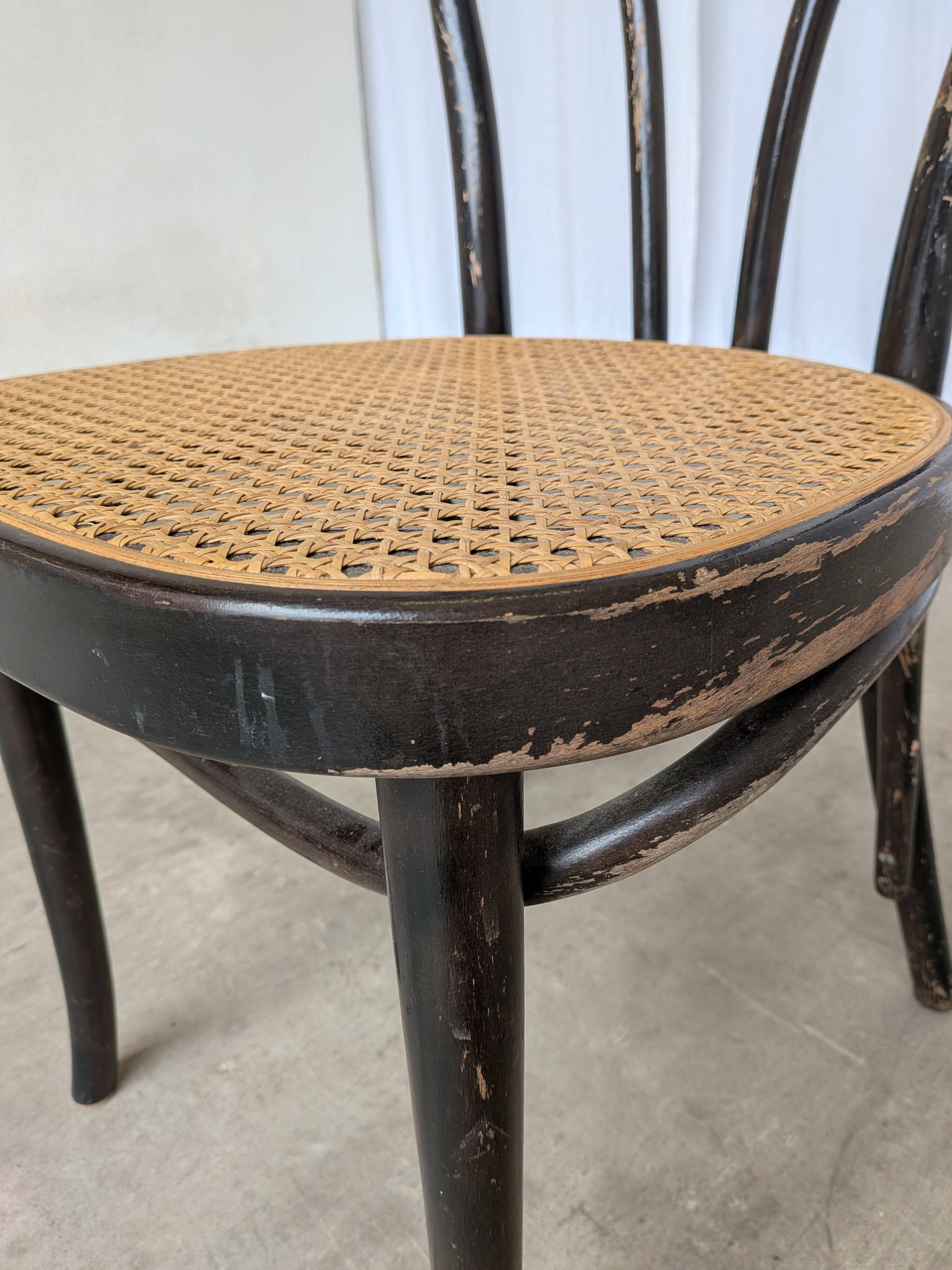 Chaise de salle à manger vintage style Thonet en bois noir et assise en cannage 1970