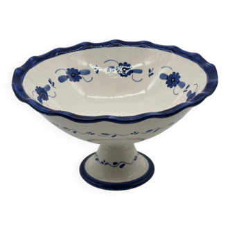Coupe à fruits en céramique sur pied avec motifs floraux bleus