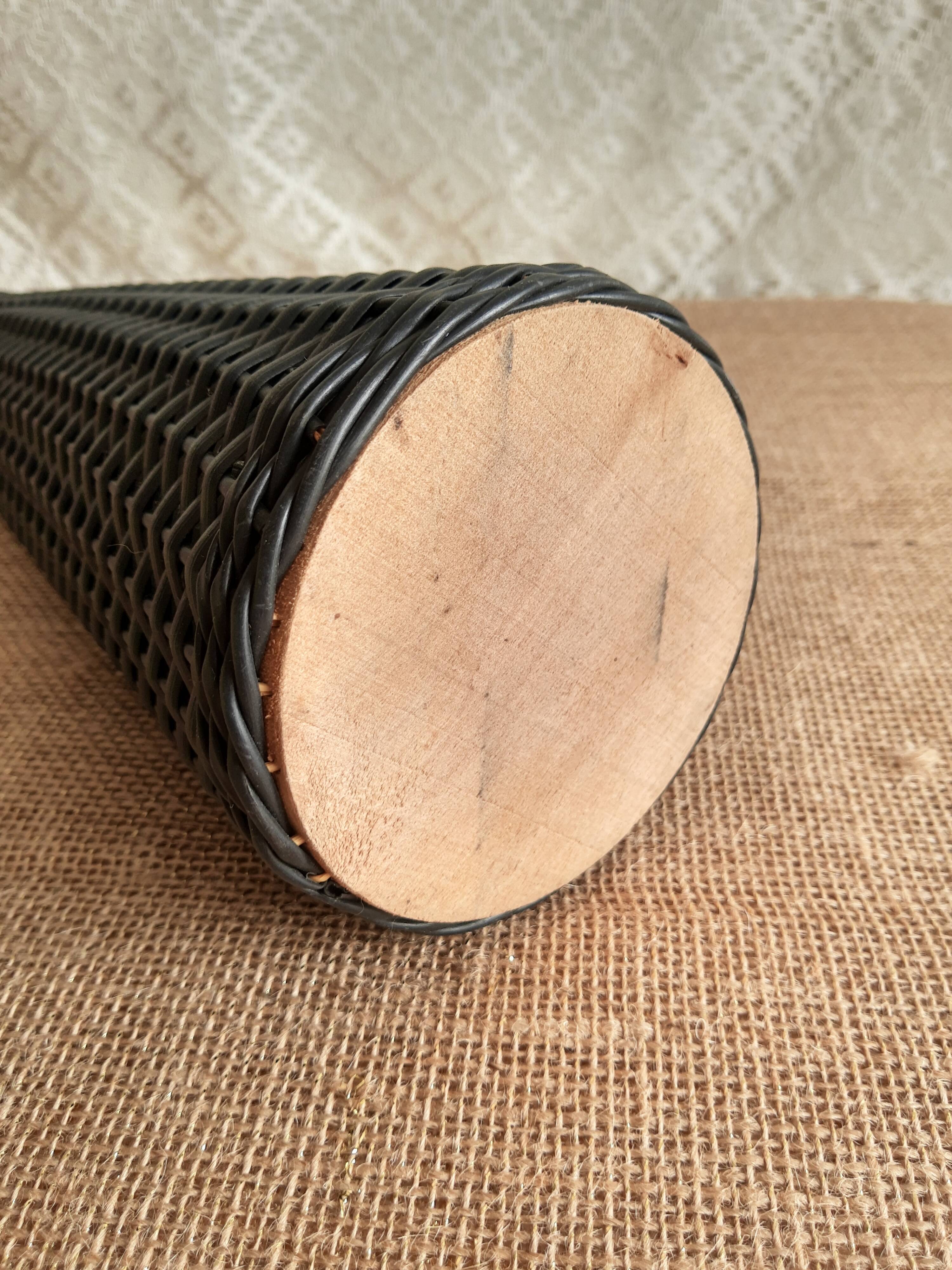 Glass bottle covered with black scoubidou with twisted golden handle - vintage