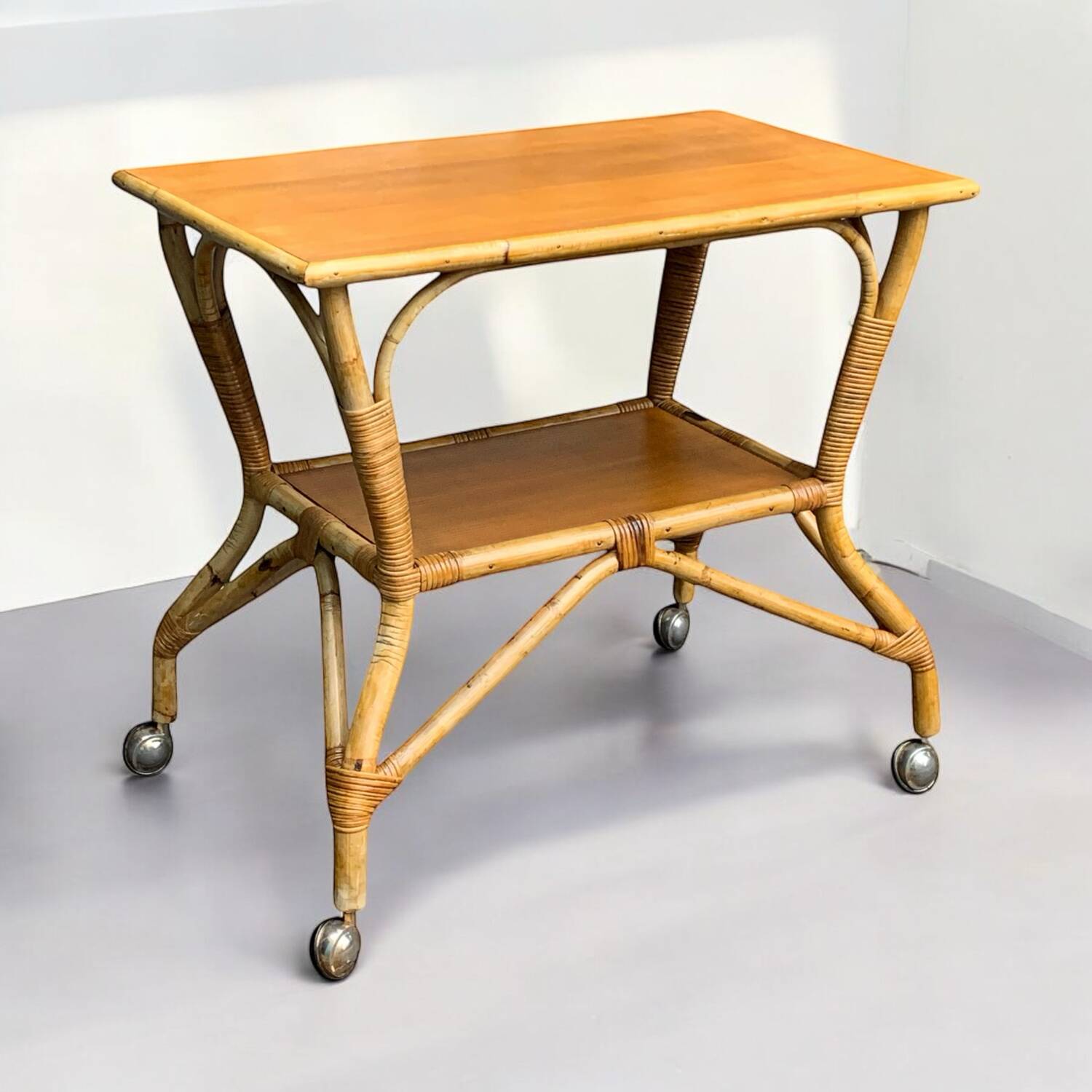 Vintage rattan and oak serving trolley 1960