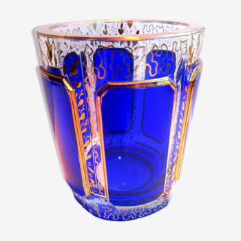 Verre gobelet à cabochons bleus & or fin cristal Baccarat Saint-Louis Daum