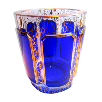 Verre gobelet à cabochons bleus & or fin cristal Baccarat Saint-Louis Daum