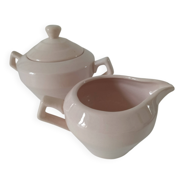 Duo sucrier et pot à lait Art Déco Céranord Saint-Amand rose pâle