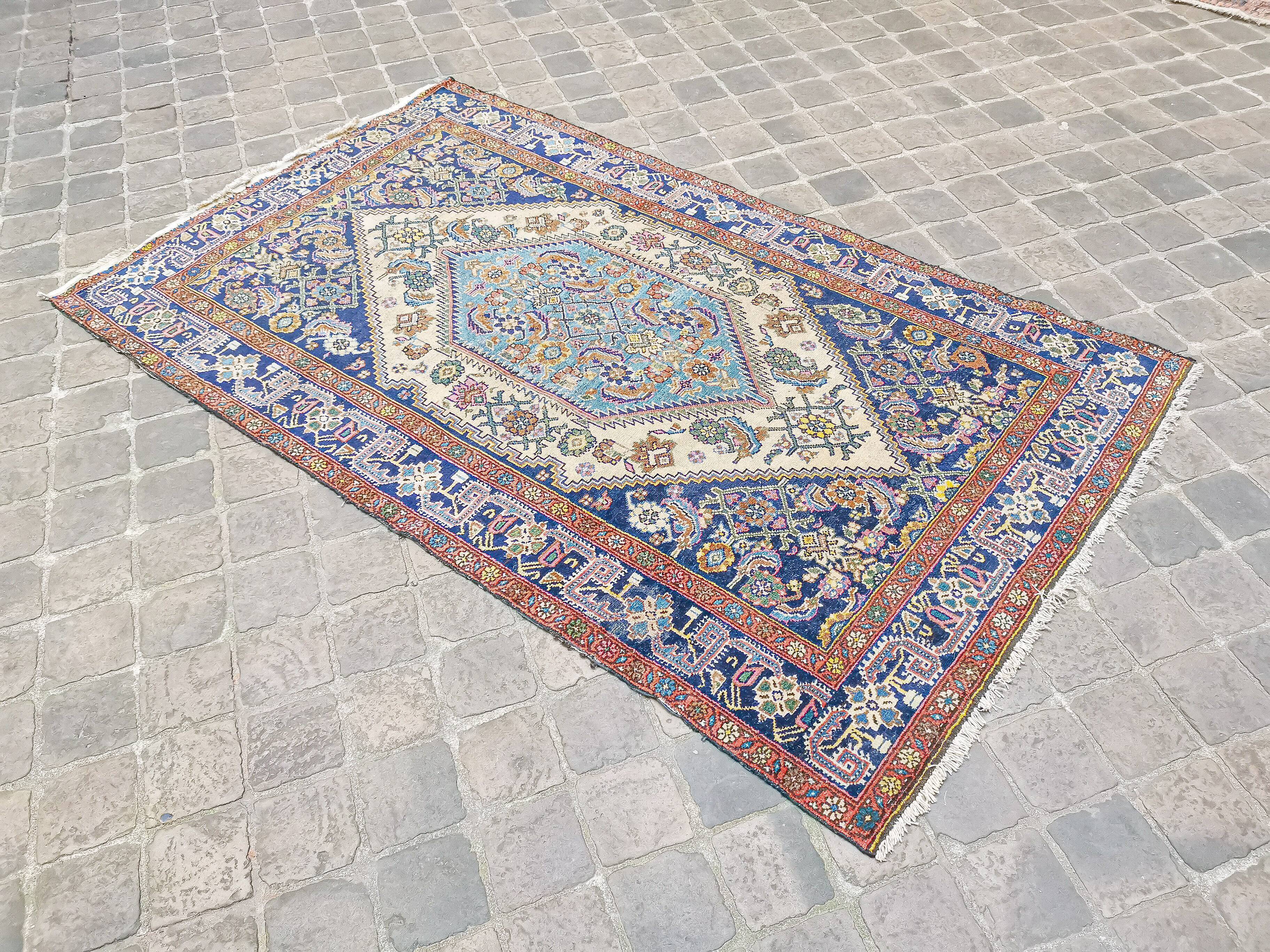 Tapis d'orient fait main vintage persan ancien Melayer 216 X 130