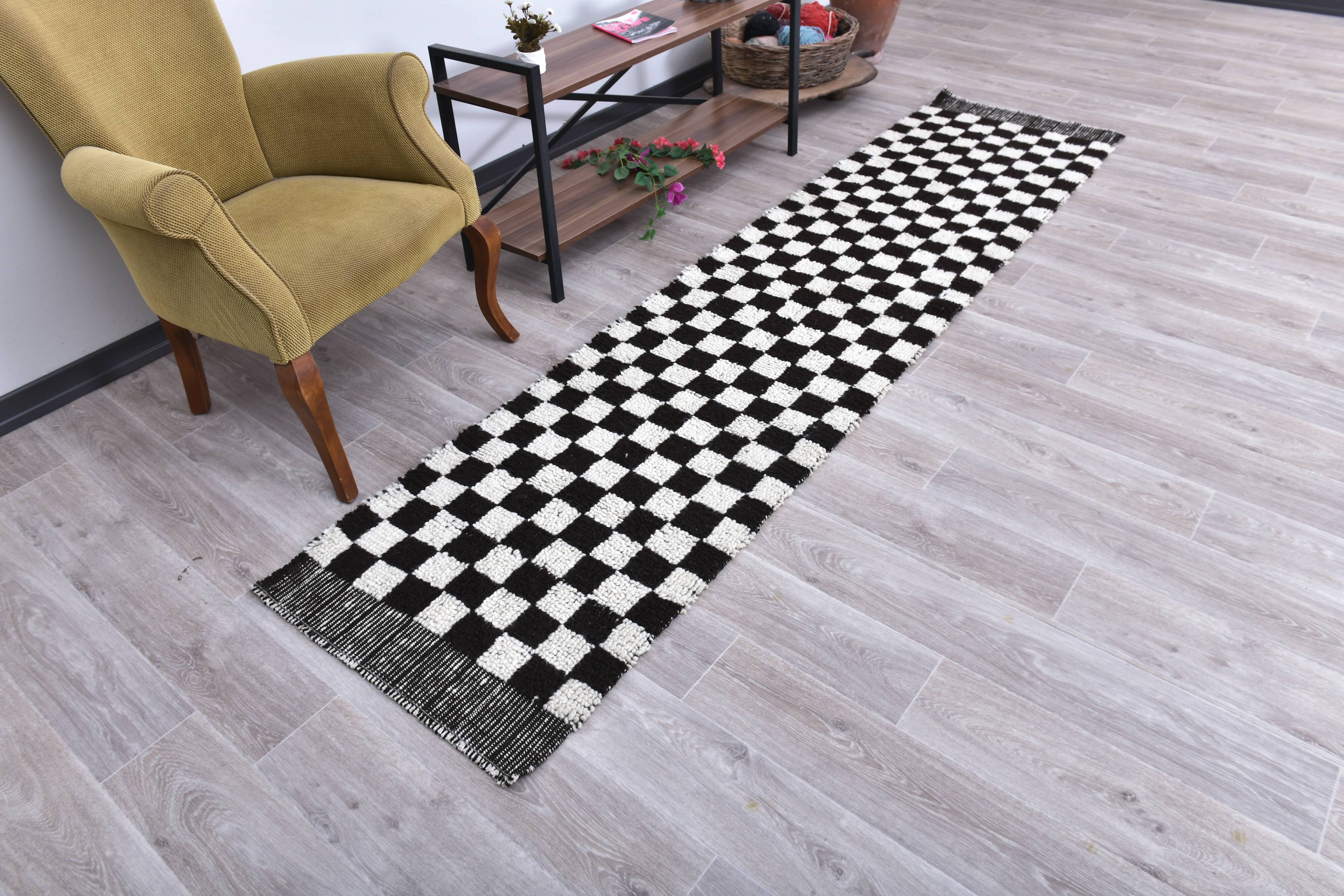 Checkered Moroccan Runner Rug 69x295Cm