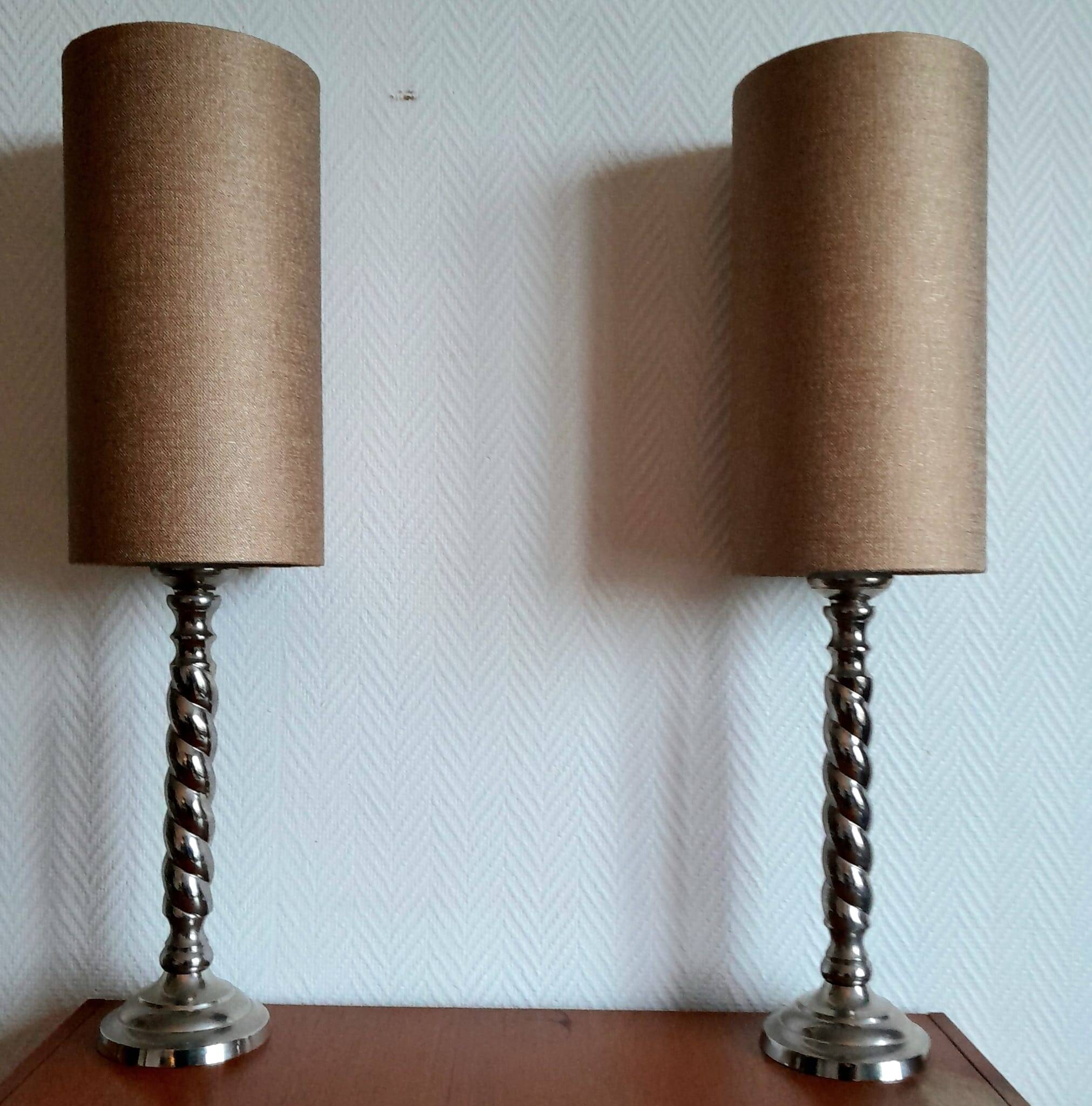 Pair of twisted metal silver-plated column lamps
