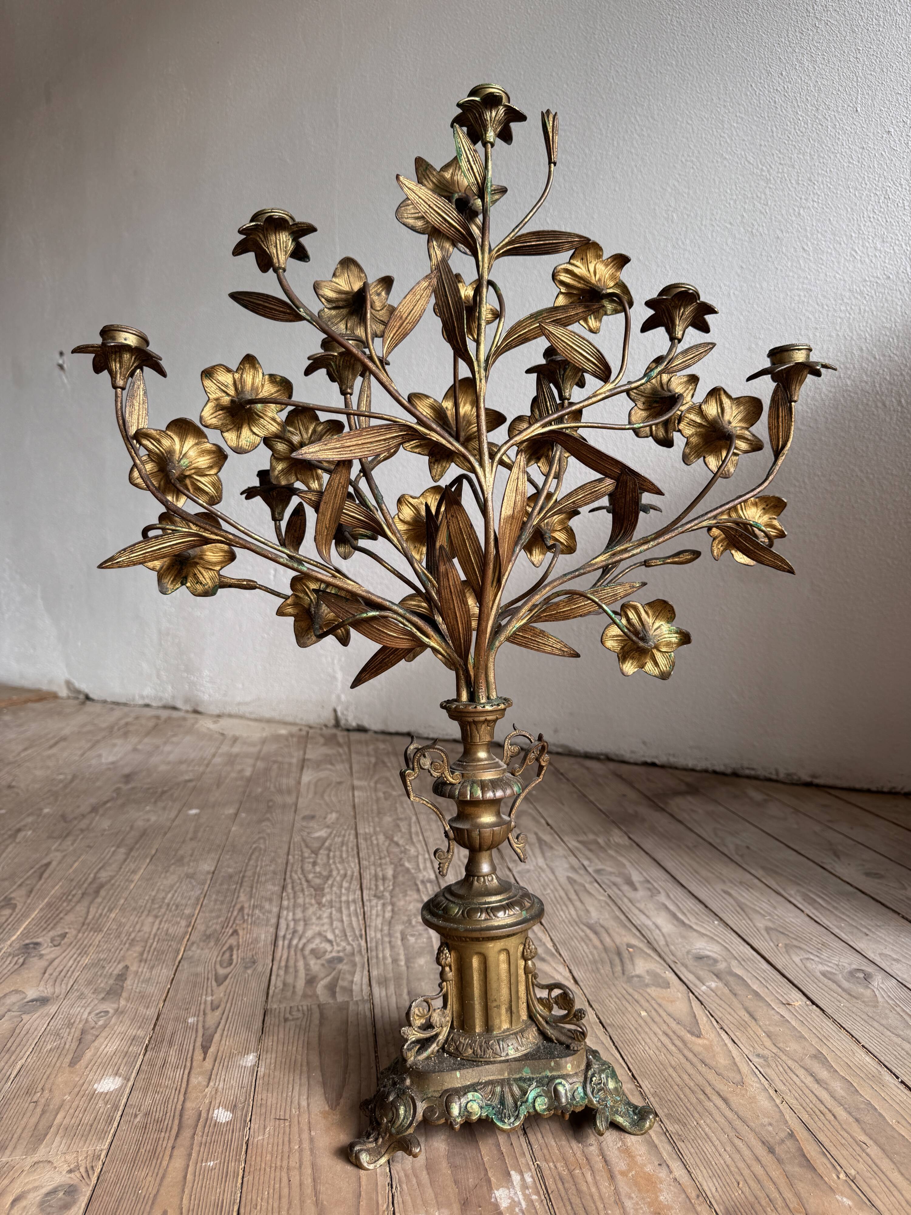 Pair of large 9-light altar candelabra, 19th century, in bronze and brass