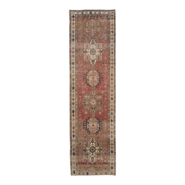 1970s Vintage Persian Handmade Wool Cotton Red Runner Rug 88x329