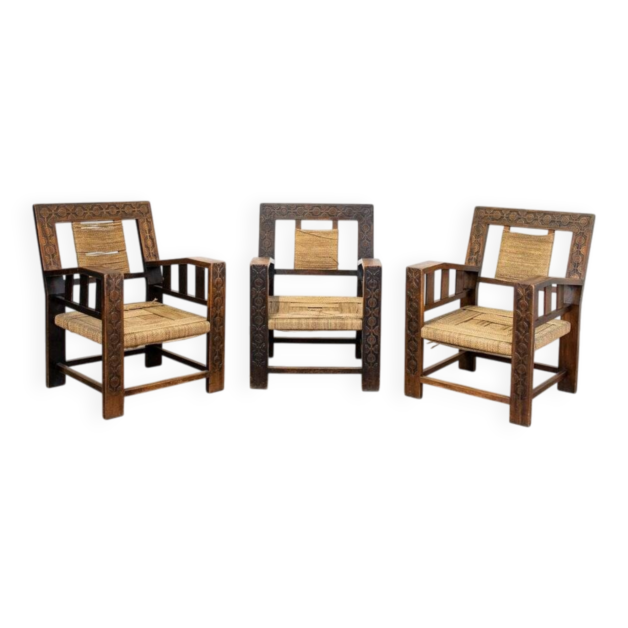 Neo-Basque sculpted armchairs in straw and oak, 1940s, set of 3