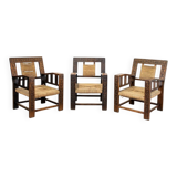 Neo-Basque sculpted armchairs in straw and oak, 1940s, set of 3