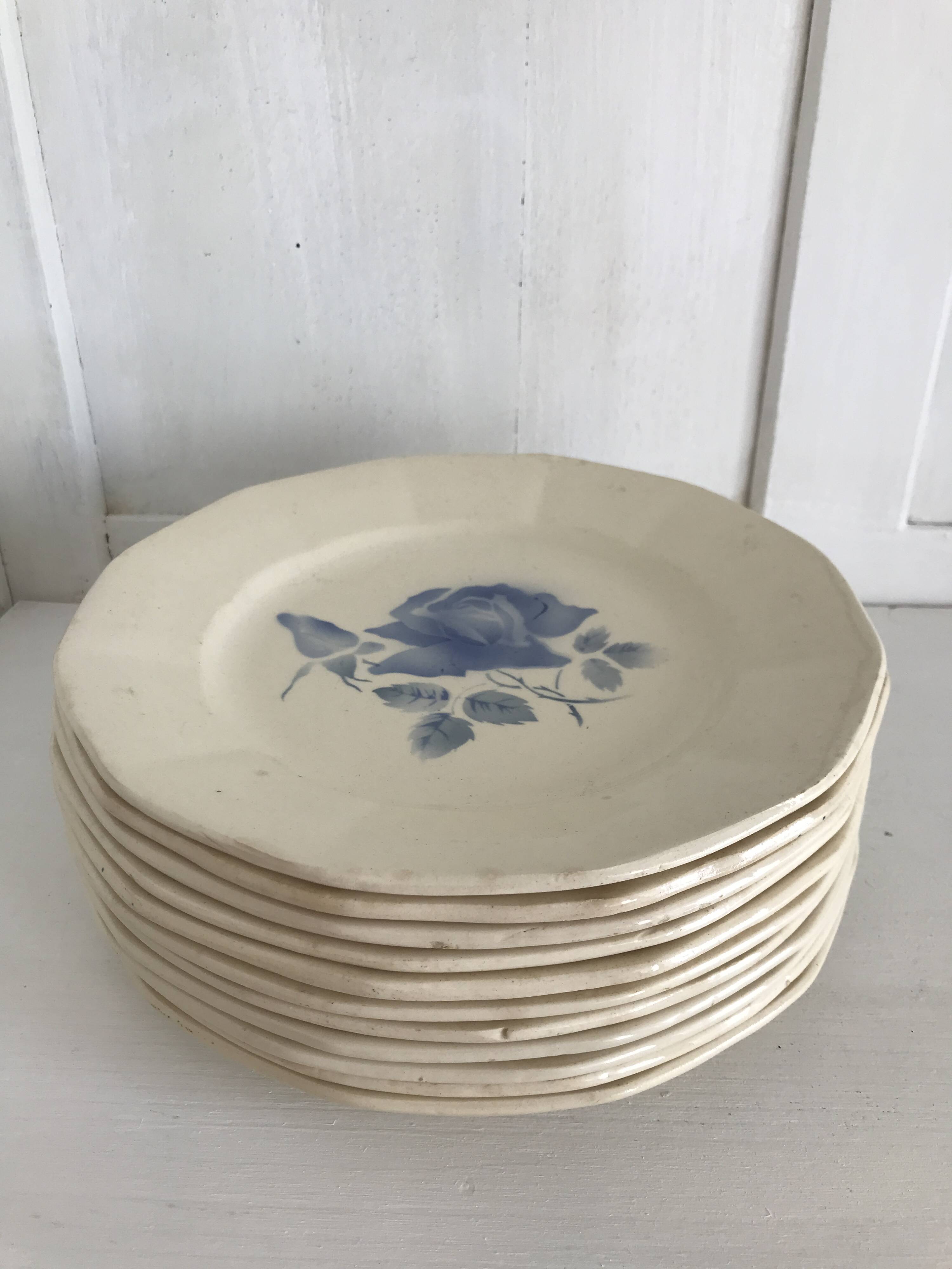 Set of 11 Digoin flat plates, blue rose patterns