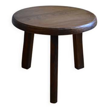 Table basse tripode brutaliste chêne massif 1960