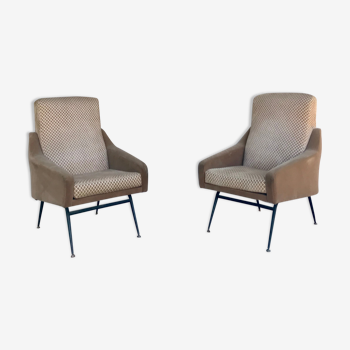 Paire de fauteuils vintage en velours beige bi-texture