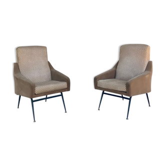 Pair of vintage armchairs in two-textured beige velvet